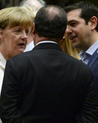 Ангела Меркел, Франсоа Оланд и Алексис Ципрас са имали среднощна среща за компромис, какъвто засега не е постигнат. Сн.: EPA/БГНЕС
