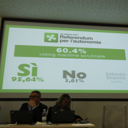 Билборд показва резултата от референдума за по-широка автономия в Ломбардия, Италия. Сн.: БТА